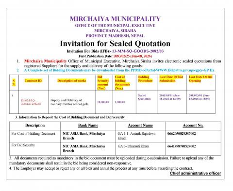 Supply and Delivery of Sanitary Pad for School girls.